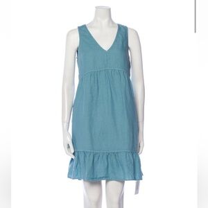 Cynthia Rowley Linen Blue Teal Sleeveless V Neck Shift Dress with Ruffle Hem L